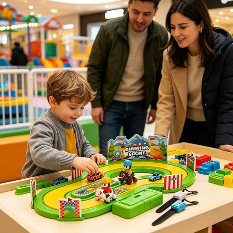 Motion Tracking Racetrack Toy With Wristband Sensors Two Player Competitive Racing For Kids And Parents Realistic Sprint Response And Epic Family Play Movement Logs And Accurate Sensor Feedback To Keep Every Race Exciting. child playing