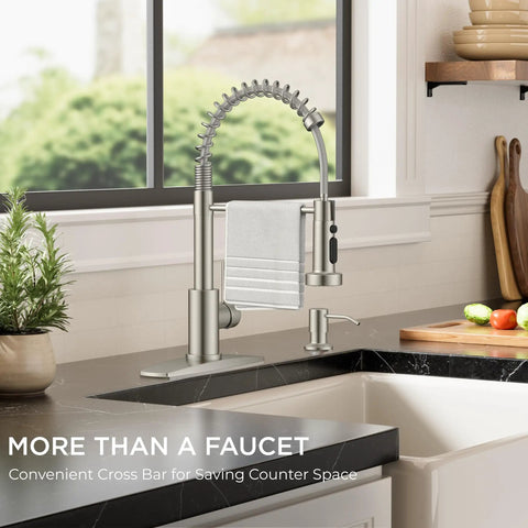 Modern Brushed Nickel Kitchen Sink Faucet Featuring A Three Mode Sprayer And Single Handle Design For Slick Daily Use Hella Durable Construction