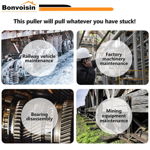 Collage showcasing uses of Beefy 20 Ton Hydraulic Gear Puller Set With Interchangeable 2 Or 3 Jaw Heads in maintenance tasks
