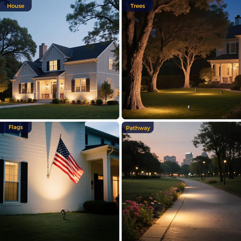 Plug In Outdoor Spotlight Kit 5W Two Pack, 3000K Warm White Landscape Lighting illuminating house, trees, flags, pathway.