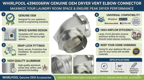 Genuine OEM 4 Inch Dryer Vent Elbow Connector, 90 Degree Close Turn Aluminum Space Saver, detailed features and specifications
