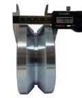 Close-up of 4 Inch Wheel for Sliding Gates with V Groove Tracks, stainless steel, digital caliper measuring width, 3000 lb capacity