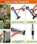 Effortless Wheeled Dethatcher Rake For Lawns With 15 Inch Head And 35 To 67 Inch Adjustable Stainless Steel Handle in assembly process