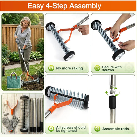 Effortless Wheeled Dethatcher Rake For Lawns With 15 Inch Head And 35 To 67 Inch Adjustable Stainless Steel Handle in assembly process