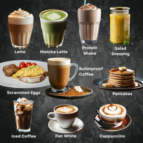 Assorted beverages and foods including latte, matcha latte, protein shake, salad dressing, scrambled eggs, bulletproof coffee, pancakes, iced coffee, flat white, and cappuccino.
