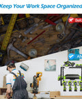Heavy Duty Power Tool Organizer Wall Mount Shelf With Floating Metal Construction Cordless Drill Holder Garage Storage Rack And Utility Organizer For Home Workshop Gift For Dad Husband Or Friend, showing organized tools after installation.