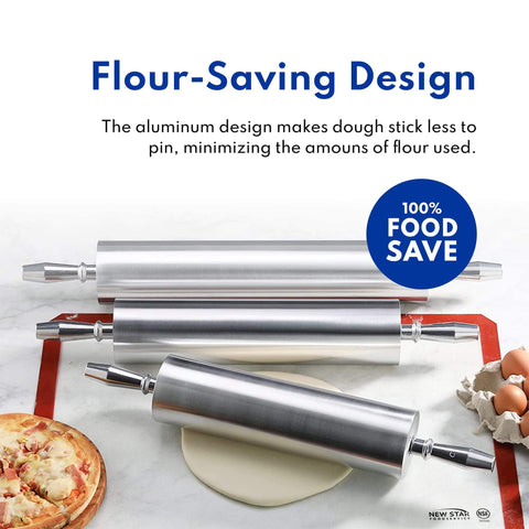 Extra Heavy Duty Aluminum Rolling Pin For Restaurants 15 Inch With Flour Saving Design Keeps Dough From Sticking shown in a kitchen