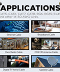 Applications for Ethernet, broadband, ham radio, OTA HD antenna, digital TV aerial, and satellite cables