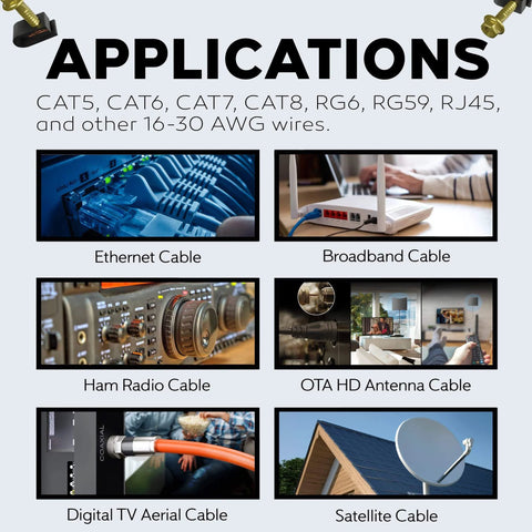 Applications for Ethernet, broadband, ham radio, OTA HD antenna, digital TV aerial, and satellite cables