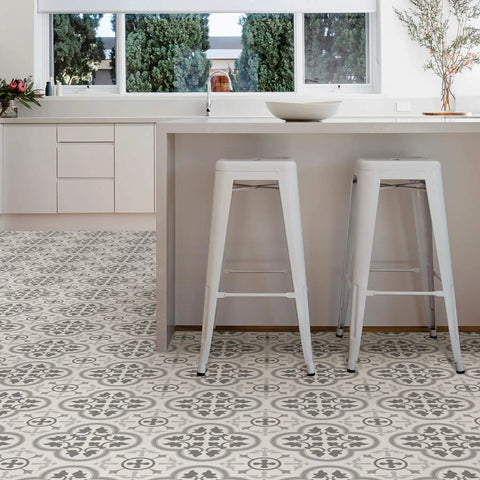 Kitchen with Remy Peel And Stick Vinyl Floor Tiles Gray, Water Resistant And Washable, Textured Low-Luster Finish, 0.06 Inch Thick