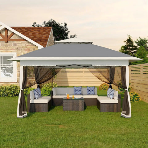 13x13 Ft Pop Up Gazebo With Mosquito Netting For Backyard Patio Or Deck One Push Center Lock Quick Setup, shown installed in garden