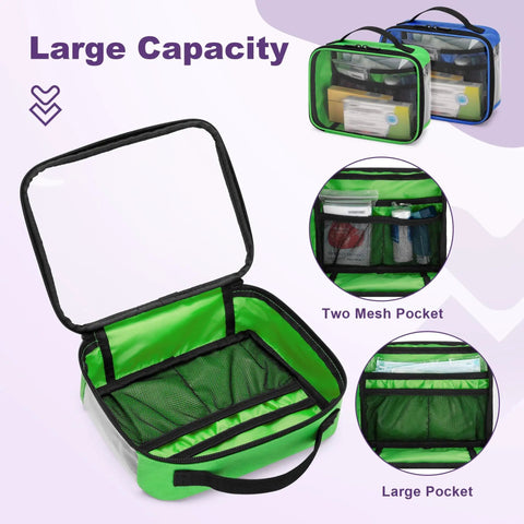 Large capacity green color-coded clear zip pouch with mesh pockets for Four Pack Color Coded Clear Zip Pouches For First Aid Kit Organization See Through Medical Storage Bags To Organize Emergency Kits Medicine Home Outdoor And Car Supplies Durable Zippered Bags Bag Only