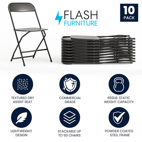Hercules Set Of 10 Indoor Outdoor Heavy Duty Plastic Folding Chairs, 650 Lb Static Weight Capacity displayed with features icons