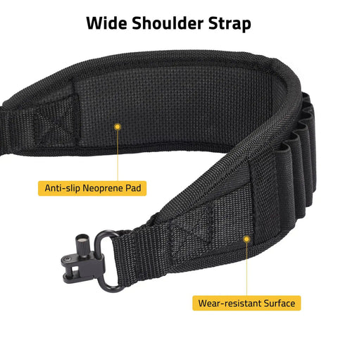 Two Point Shotgun Sling With 6 Shell Holders For 20 Gauge showing non slip neoprene shoulder pad and metal buckle, black