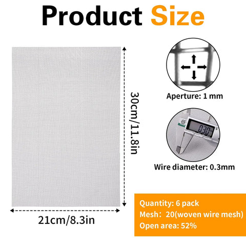 Six Pack 12 By 8 Inch 20 Mesh Stainless Steel Wire Mesh Screen dimensions diagram with aperture and diameter details