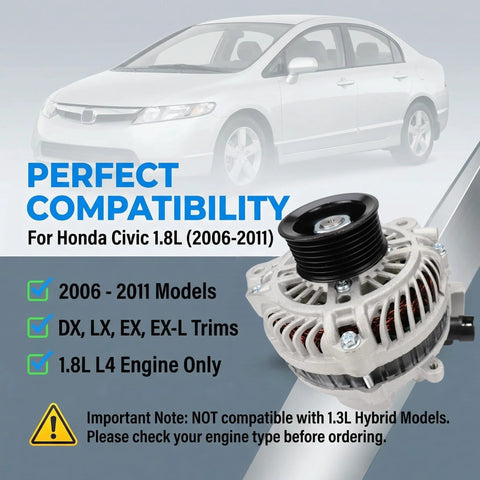 Plug And Play Alternator For Honda Civic 2006 To 2011 1.8L L4 Non Hybrid, 80 Amp 12 Volt With 7 Groove Pulley, Direct Bolt On OE Replacement