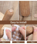 48 Pack Half Inch Brown Self Adhesive Felt Pads For Chair Legs Cabinet Doors Heavy Duty Round Furniture Protectors Easy Peel Stick installation steps showing application process.