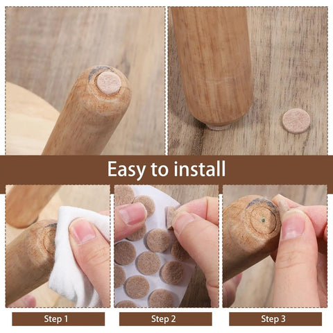 48 Pack Half Inch Brown Self Adhesive Felt Pads For Chair Legs Cabinet Doors Heavy Duty Round Furniture Protectors Easy Peel Stick installation steps showing application process.