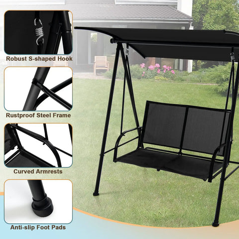 Two Person Porch Swing With Adjustable Canopy, Comfortable Fabric Seat And Heavy Duty Steel Frame, Outdoor Patio Swing