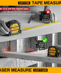 2-In-1 Laser Tape Measure With 135 Ft Range, Rechargeable Distance Tool And 16 Ft Manual Tape, High-Precision Readings Within 1/8 Inch, Six Modes Including Distance, Continuous, Area, Volume, And Two-Point Pythagorean Method on a jobsite