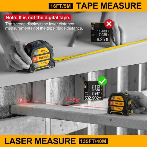 2-In-1 Laser Tape Measure With 135 Ft Range, Rechargeable Distance Tool And 16 Ft Manual Tape, High-Precision Readings Within 1/8 Inch, Six Modes Including Distance, Continuous, Area, Volume, And Two-Point Pythagorean Method on a jobsite