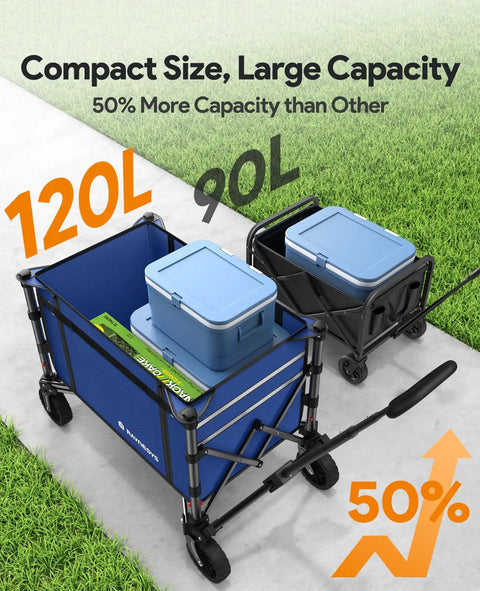 Indigo Collapsible Wagon Cart With Wheels 220 Lb Capacity next to smaller black wagon, showing size difference and capacity in use.