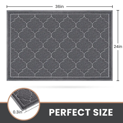 Non Slip Indoor Outdoor Door Mat 24x36 Inch, Low Profile Durable Front Door Welcome Mat, Grey with geometric pattern and PVC construction.