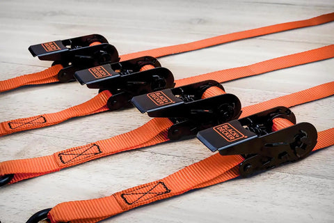Top Shelf Ratchet Tie Down Straps 1 Inch By 10 Feet 4 Pack No Sweat Truck Cargo Lashing Kit All Weather Polyester for secure rolling hauls with quick grip mechanism.