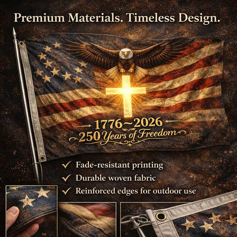 Three By Five Foot Double Sided 3 Ply Outdoor American Flag For 250th Anniversary We The People 1776 2026 Patriotic Yard And House Banner For Fourth Of July Durable Outdoor Use With Reinforced Edges And Fade Resistant Finish showcasing eagle and cross