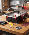 Rock Solid Mini Table Saw And Belt Sander Combo Featuring 200 Watt Copper Motor With Seven Speed Gears and Zero To Ninety Degree Tilt Base on a workshop table.