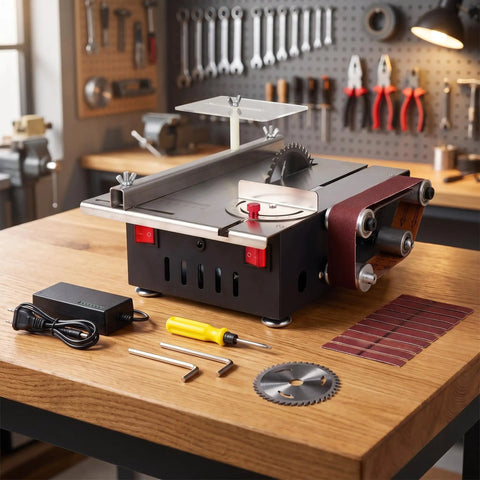 Rock Solid Mini Table Saw And Belt Sander Combo Featuring 200 Watt Copper Motor With Seven Speed Gears and Zero To Ninety Degree Tilt Base on a workshop table.