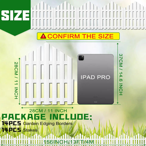 Size comparison of No Dig Garden Edging Border Kit 13 Ft White 14.6 Inch Tall with iPad Pro for scale, weatherproof plastic.