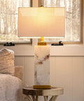 White Gold Modern Alabaster Rectangular Table Lamp With Night Light for bedroom, featuring white linen shade on side table.