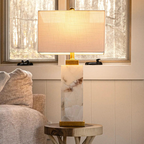 White Gold Modern Alabaster Rectangular Table Lamp With Night Light for bedroom, featuring white linen shade on side table.