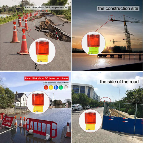 Collage showing Ultra Bright Solar Strobe Warning Light for Construction and Traffic 360 Degree LED Beacon Wireless Auto On Off IP65