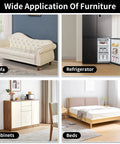 Collage of furniture items including a sofa, refrigerator, cabinet, and bed in home settings for moving pad use reference.