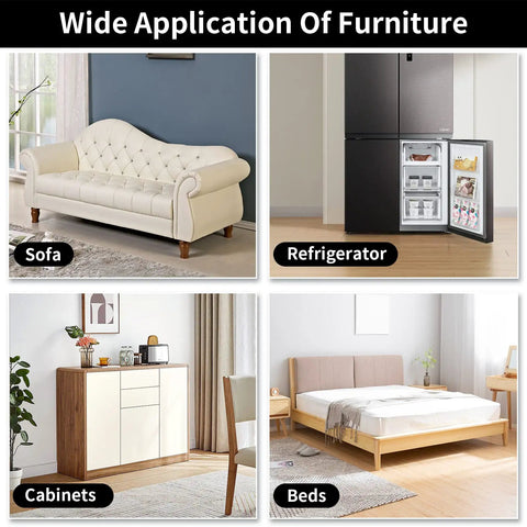 Collage of furniture items including a sofa, refrigerator, cabinet, and bed in home settings for moving pad use reference.