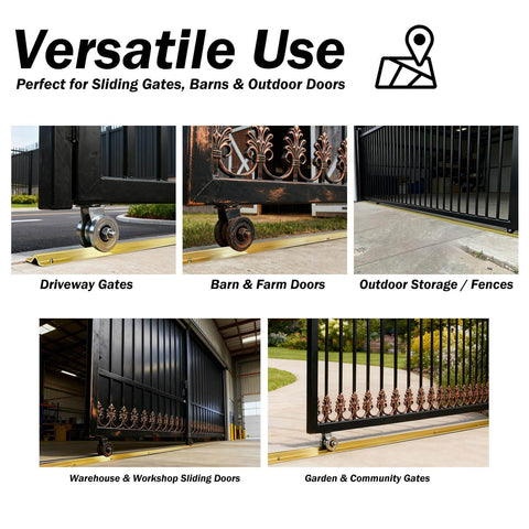 Slide showing installation examples of 12 Foot Section V Track For Sliding Driveway Gates Heavy Duty Galvanized Steel Inverted V Groove Rail