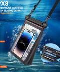Waterproof Phone Pouch With Sealing Strip, Large Capacity Dry Bag for iPhone 17 in water showing IPX8 certification.