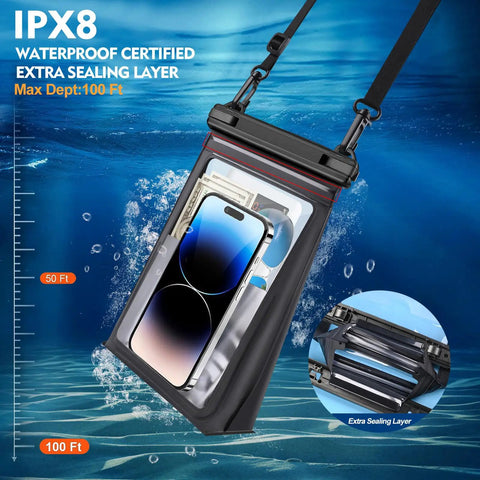 Waterproof Phone Pouch With Sealing Strip, Large Capacity Dry Bag for iPhone 17 in water showing IPX8 certification.