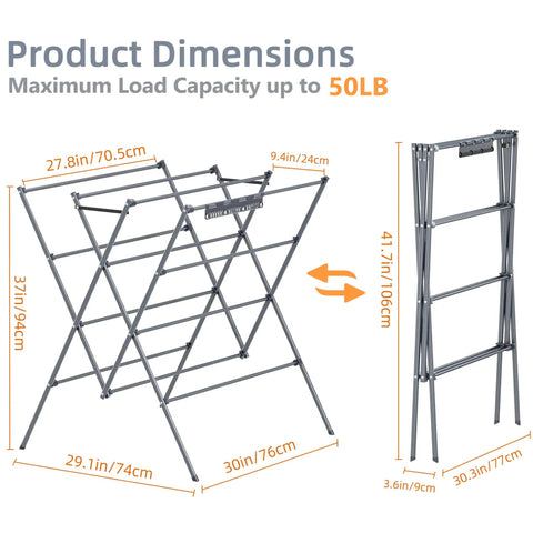 Heavy Duty Indoor Clothes Drying Rack With Twelve Solid Horizontal Rods dimensions 27.8in x 29.1in x 37in for efficient air drying.