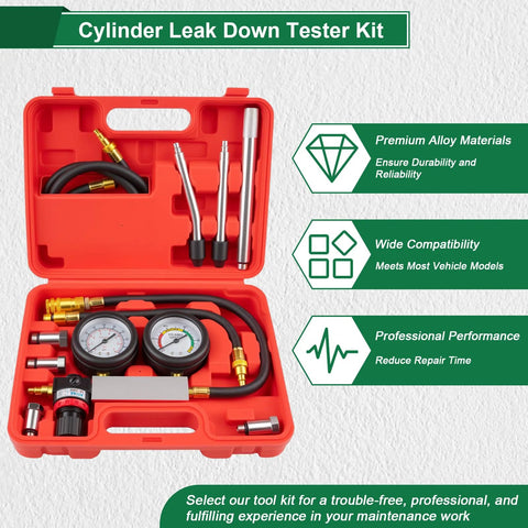 Front view of red carrying case with Cylinder Leak Down Tester Kit, dual gauges, hoses and metal rods.