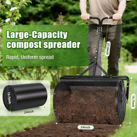 24 Inch Compost Spreader And 23 Gallon Lawn Roller 2 In 1 Combo Kit with shared mounting frame on lawn
