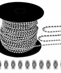 Roll of 50ft 4.5mm stainless steel ball bead chain 304 durable roller shade and vertical blind chain with 10 connectors for crafts and DIY projects.