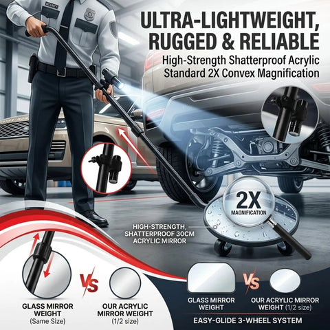 12 Inch Under Vehicle Inspection Mirror With Light Adjustable Angle Telescoping Handle Portable Convex Search Mirror With Carry Bag Magnifying Vehicle Security Tool For Checkpoints Borders Schools And Auto Inspections Must Have shown in use by security personnel to inspect vehicle underside.