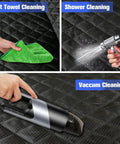 Two Pack Front Seat Cover For Cars, Trucks, SUVs And Jeeps, Full Protection Dog Car Seat Cover being cleaned; wet towel, shower, vacuum