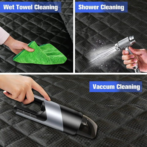 Two Pack Front Seat Cover For Cars, Trucks, SUVs And Jeeps, Full Protection Dog Car Seat Cover being cleaned; wet towel, shower, vacuum