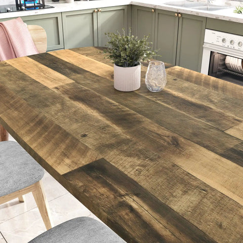 Kitchen table with brown wood contact paper peel and stick countertop vinyl wrap waterproof wood grain wallpaper installed.