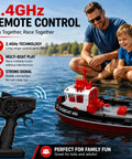 Man and child playing with 1/72 RC Tugboat For Pools And Lakes With 2.4Ghz Remote High Speed Propulsion by water