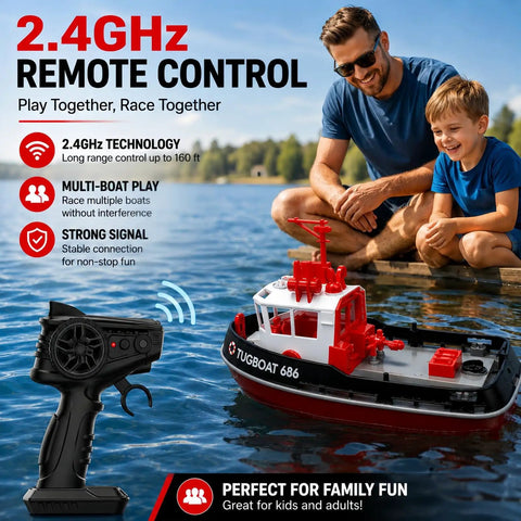 Man and child playing with 1/72 RC Tugboat For Pools And Lakes With 2.4Ghz Remote High Speed Propulsion by water
